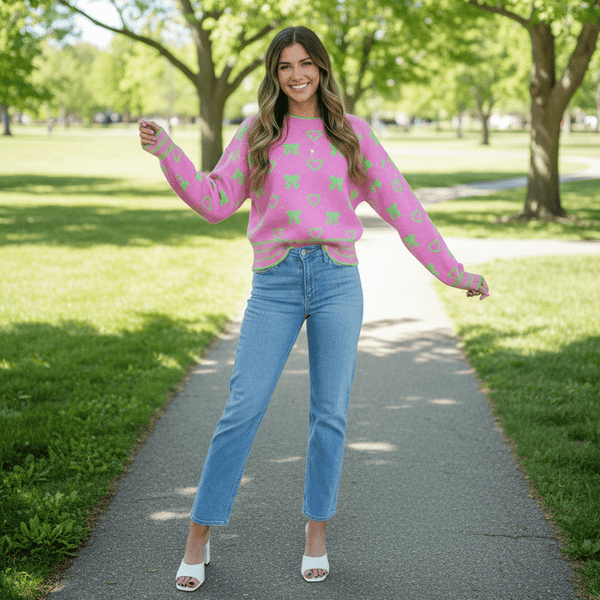 BUBBLE GUM PINK AND LIME GREEN BOW AND HEART RIBBED KNIT SWEATER | THML