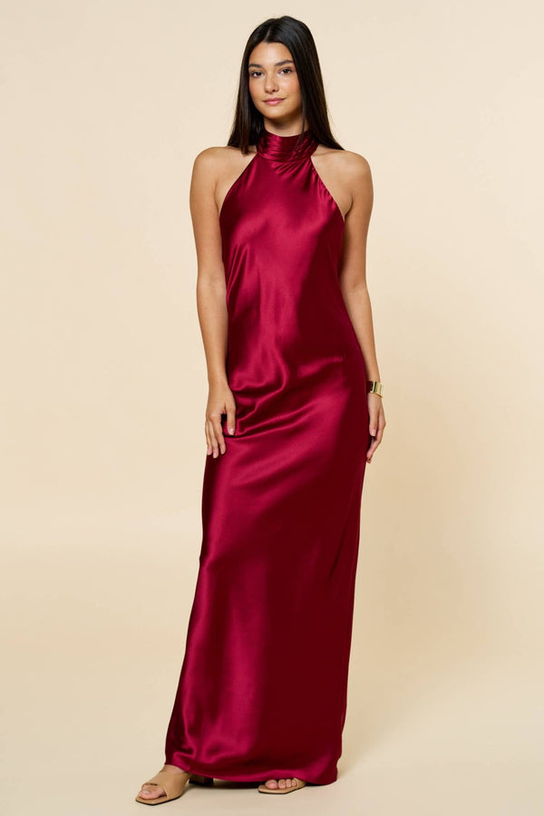Burgundy Silk Halter Maxi Dress | Lalavon