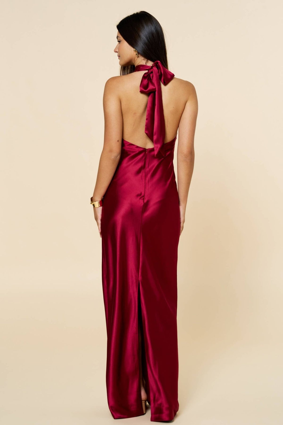 Burgundy Silk Halter Maxi Dress | Lalavon