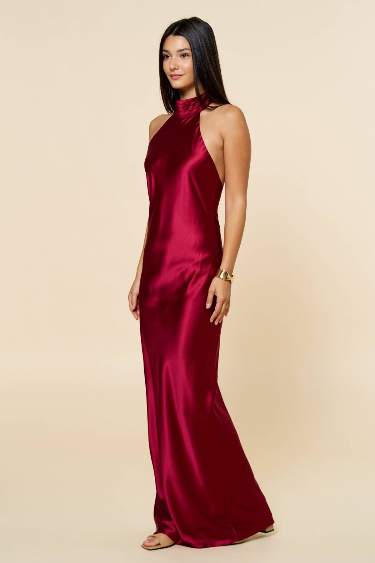 Burgundy Silk Halter Maxi Dress | Lalavon