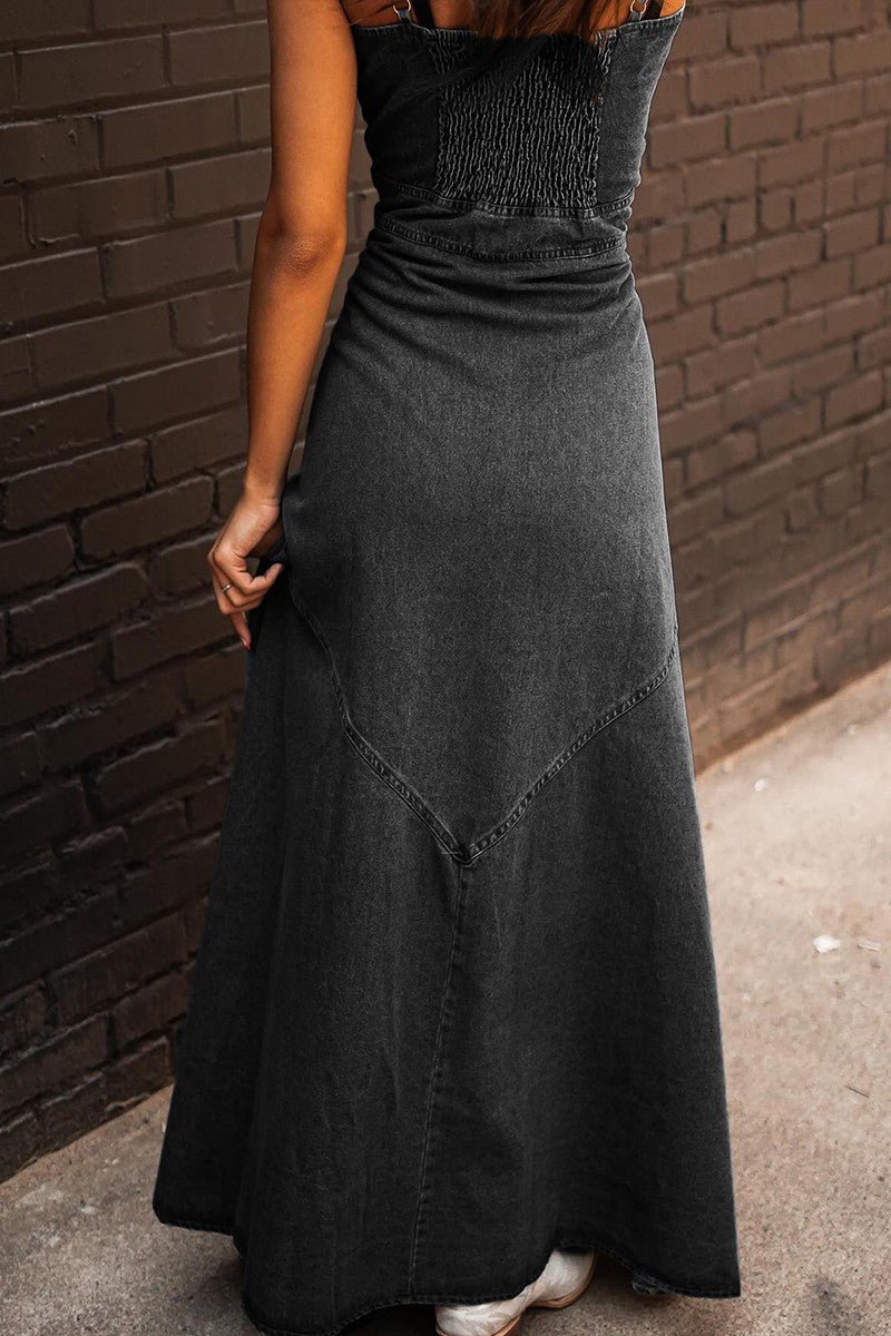 Button-down Black Denim Maxi Dress with Spaghetti Straps Medium