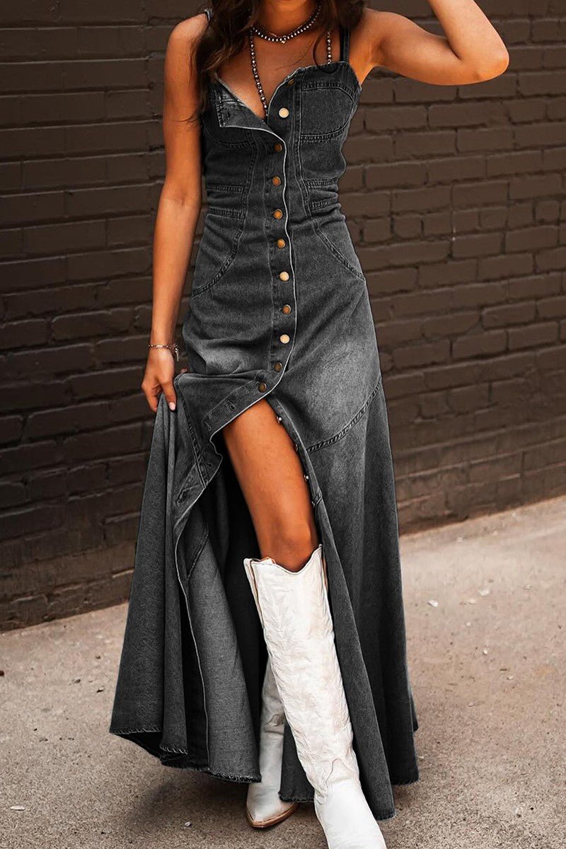 Button-Down Black Denim Maxi Dress with Spaghetti Straps Medium Button-Down Black Denim Maxi Dress with Spaghetti Straps Medium