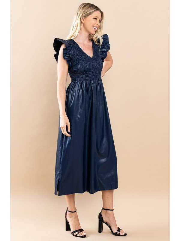 NAVY SLEEVELESS LEATHER MIDI DRESS WITH SMOCKED-TCEC-Sissy Boutique