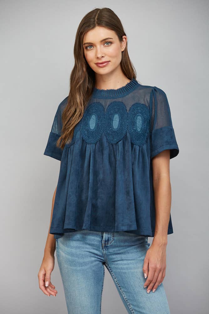 Mocha Brown Suede Top with Sheer Mesh Uppere Panel with Lace Applique | FATE