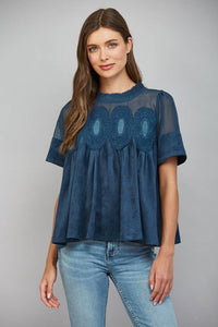Mocha Brown Suede Top with Sheer Mesh Uppere Panel with Lace Applique | FATE