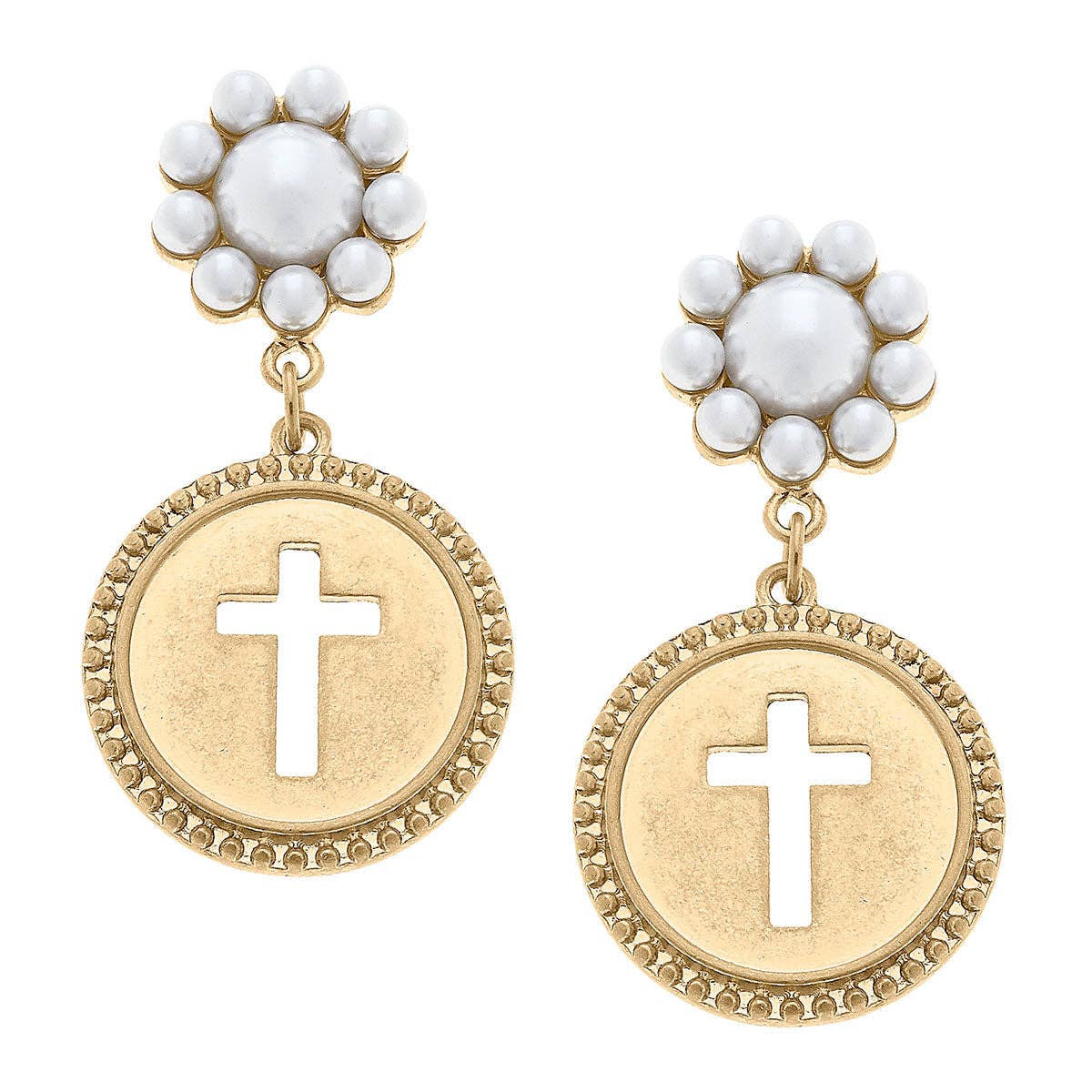 Candace Coin Cross Pearl Drop Earrings in Worn Gold | Canvas Style