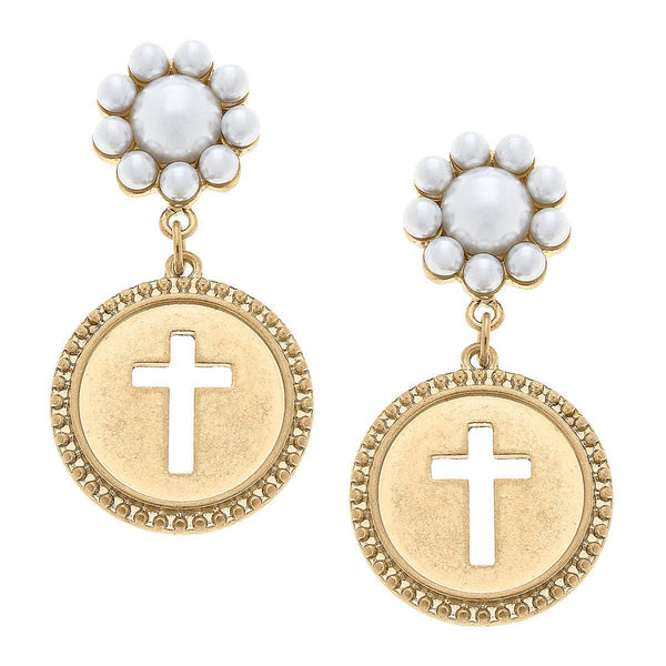 Candace Coin Cross Pearl Drop Earrings in Worn Gold | Canvas Style