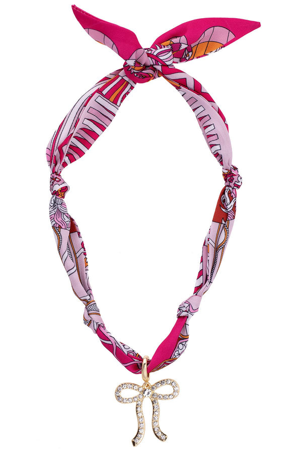 Cassie Pave Bow Scarf Necklace in Fuchsia/Orange/White | Canvas Style