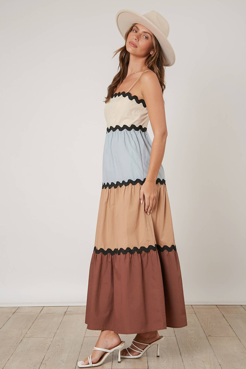 BROWN AND BABY BLUE COLOR BLOCKED TIERED MAXI DRESS-Peach Love California-Sissy Boutique