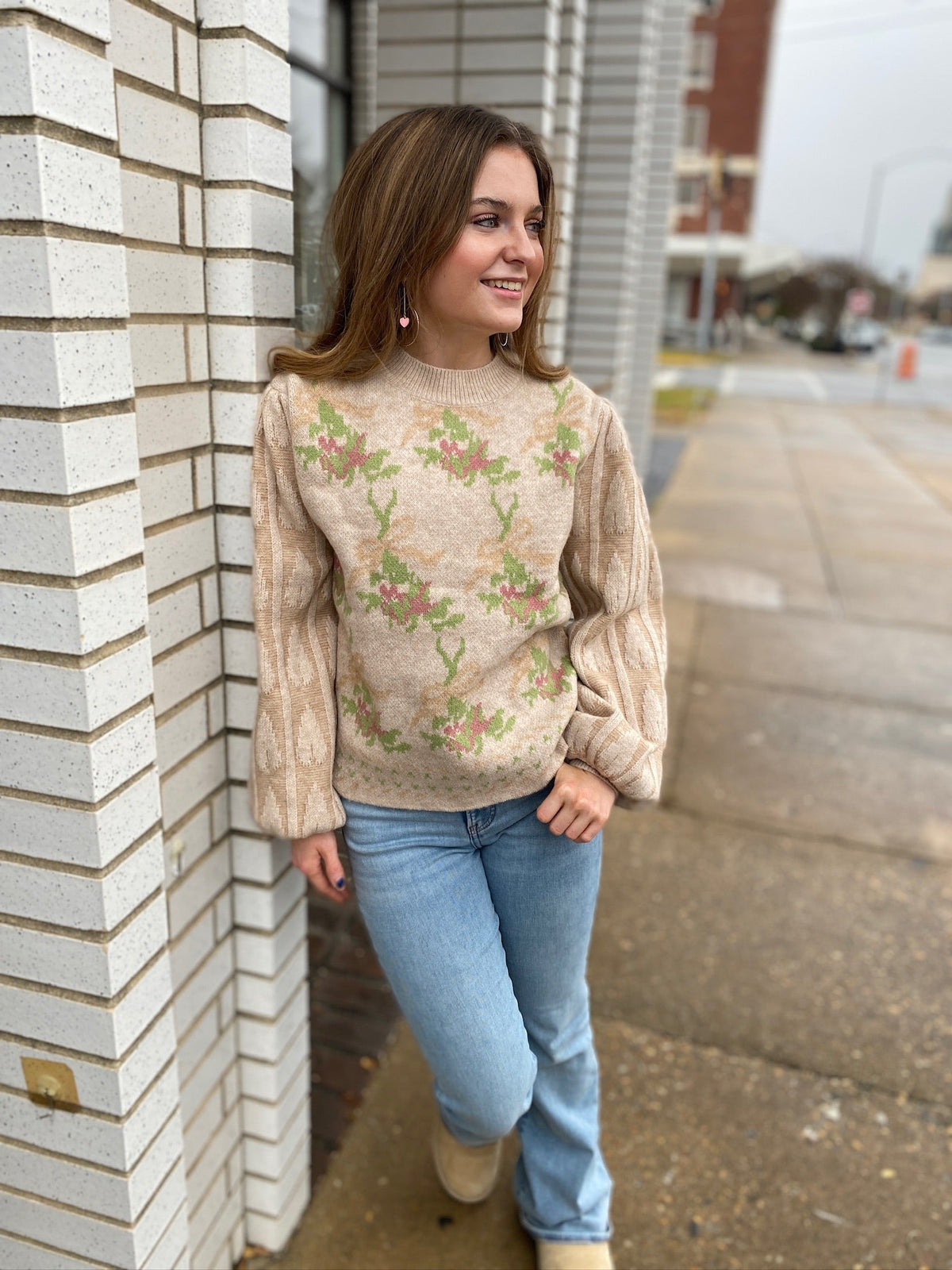 Champagne Bow and Rose Puff Sleeve Knit Sweater | Listicle