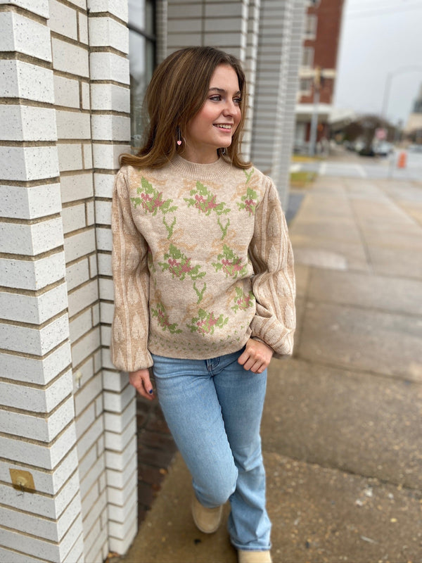 Champagne Bow and Rose Puff Sleeve Knit Sweater | Listicle