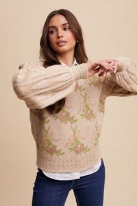 Champagne Bow and Rose Puff Sleeve Knit Sweater | Listicle