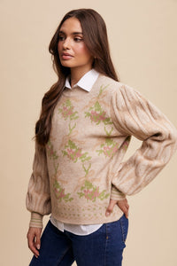 Champagne Bow and Rose Puff Sleeve Knit Sweater | Listicle