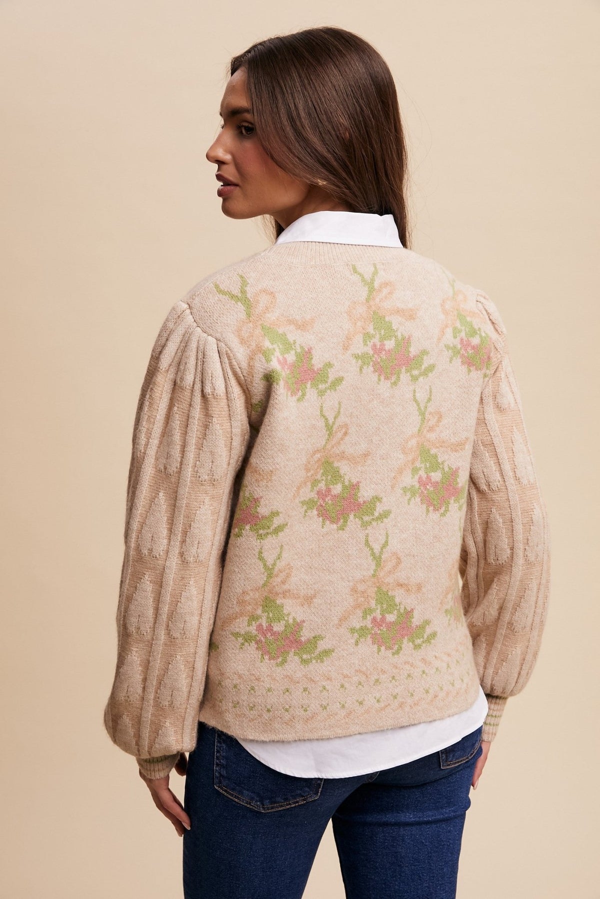 Champagne Bow and Rose Puff Sleeve Knit Sweater | Listicle