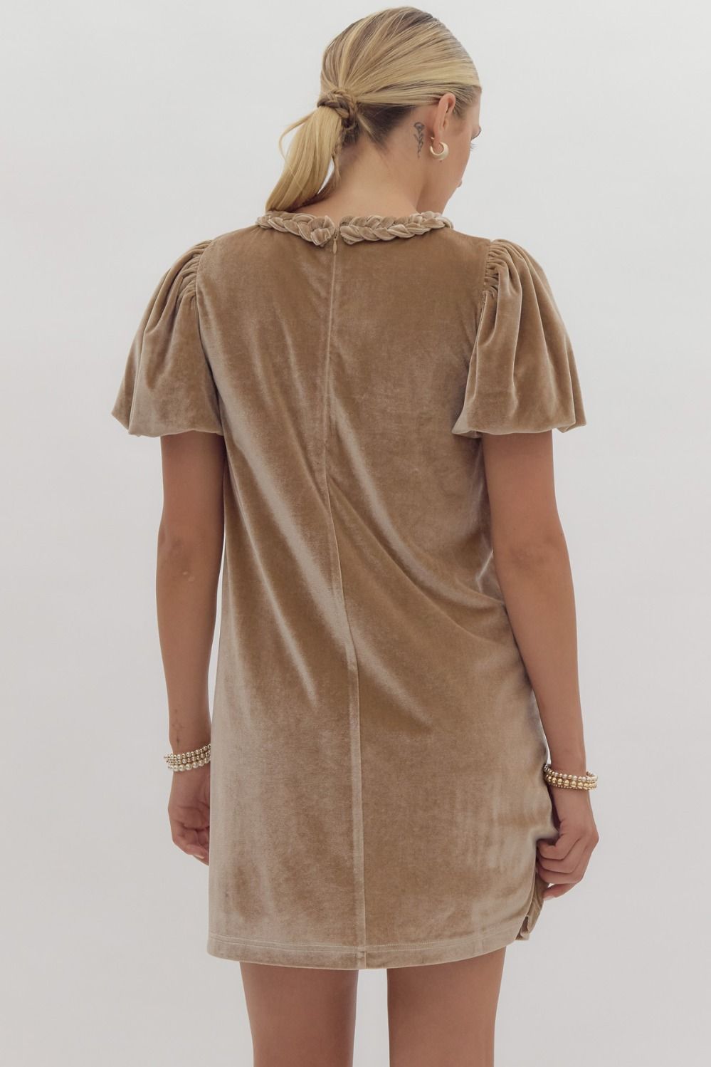 CHAMPAGNE VELVET SHORT PUFF SLEEVE MINI DRESS WITH FRONT FAUX POCKETS CHAMPAGNE VELVET SHORT PUFF SLEEVE MINI DRESS WITH FRONT FAUX POCKETS