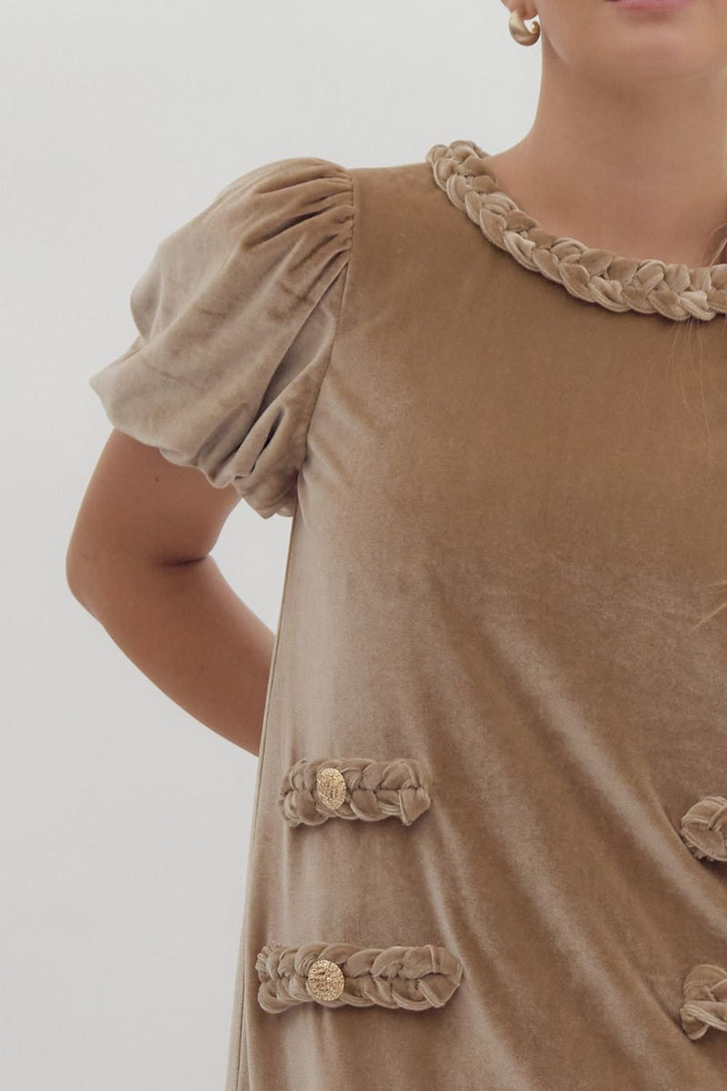 CHAMPAGNE VELVET SHORT PUFF SLEEVE MINI DRESS WITH FRONT FAUX POCKETS
