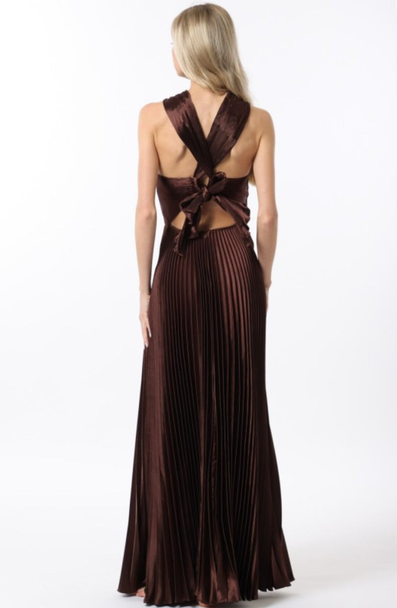 Chocolate Brown Satin Surplice Neck Tie Back Pleated Maxi Dress Large Chocolate Brown Satin Surplice Neck Tie Back Pleated Maxi Dress Large