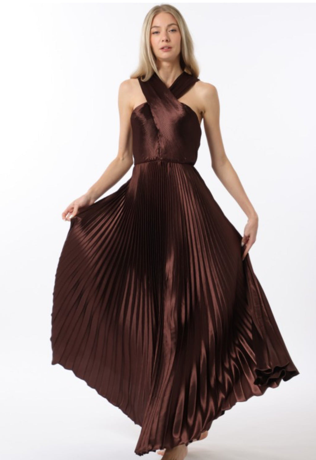 Chocolate Brown Satin Surplice Neck Tie Back Pleated Maxi Dress Large Chocolate Brown Satin Surplice Neck Tie Back Pleated Maxi Dress Large