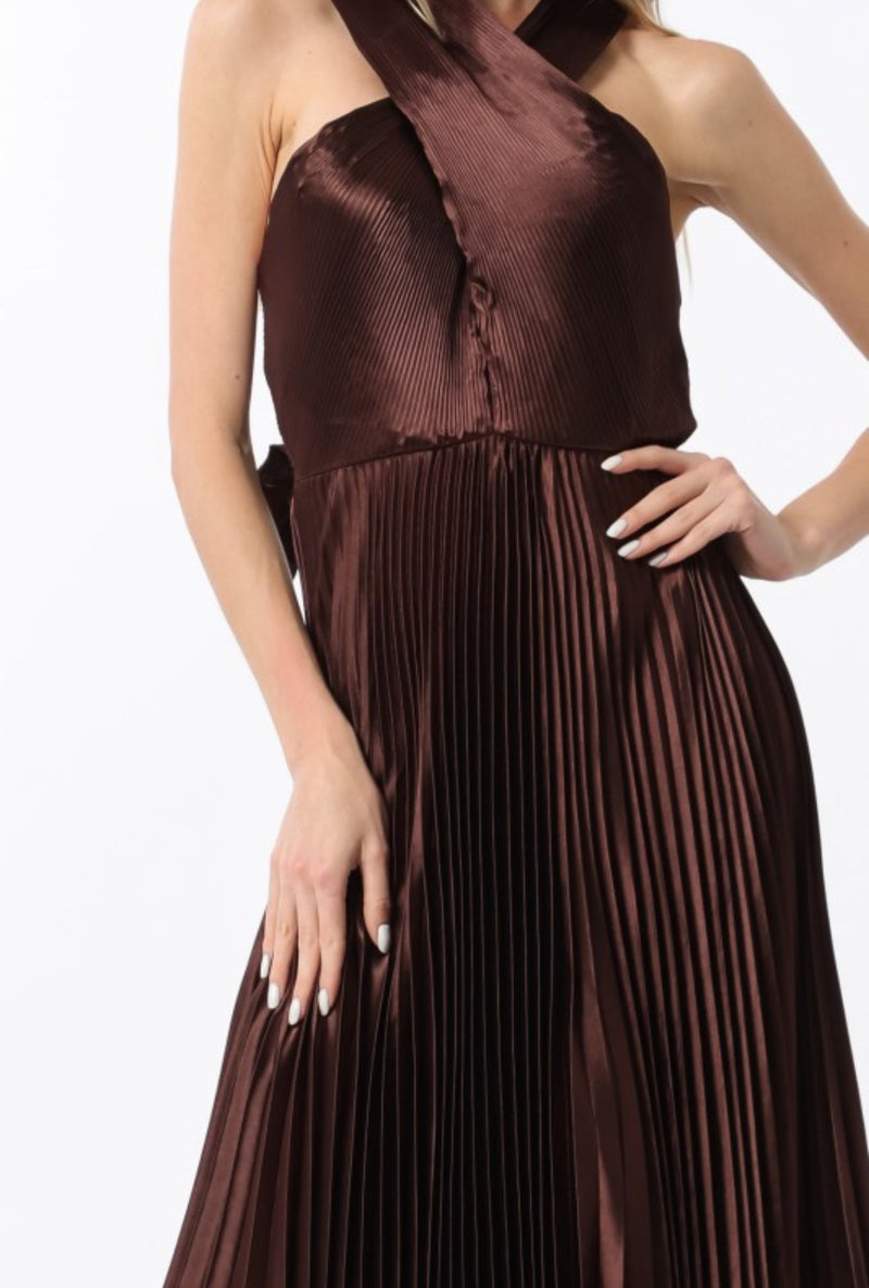 Chocolate Brown Satin Surplice Neck Tie Back Pleated Maxi Dress Large Chocolate Brown Satin Surplice Neck Tie Back Pleated Maxi Dress Large