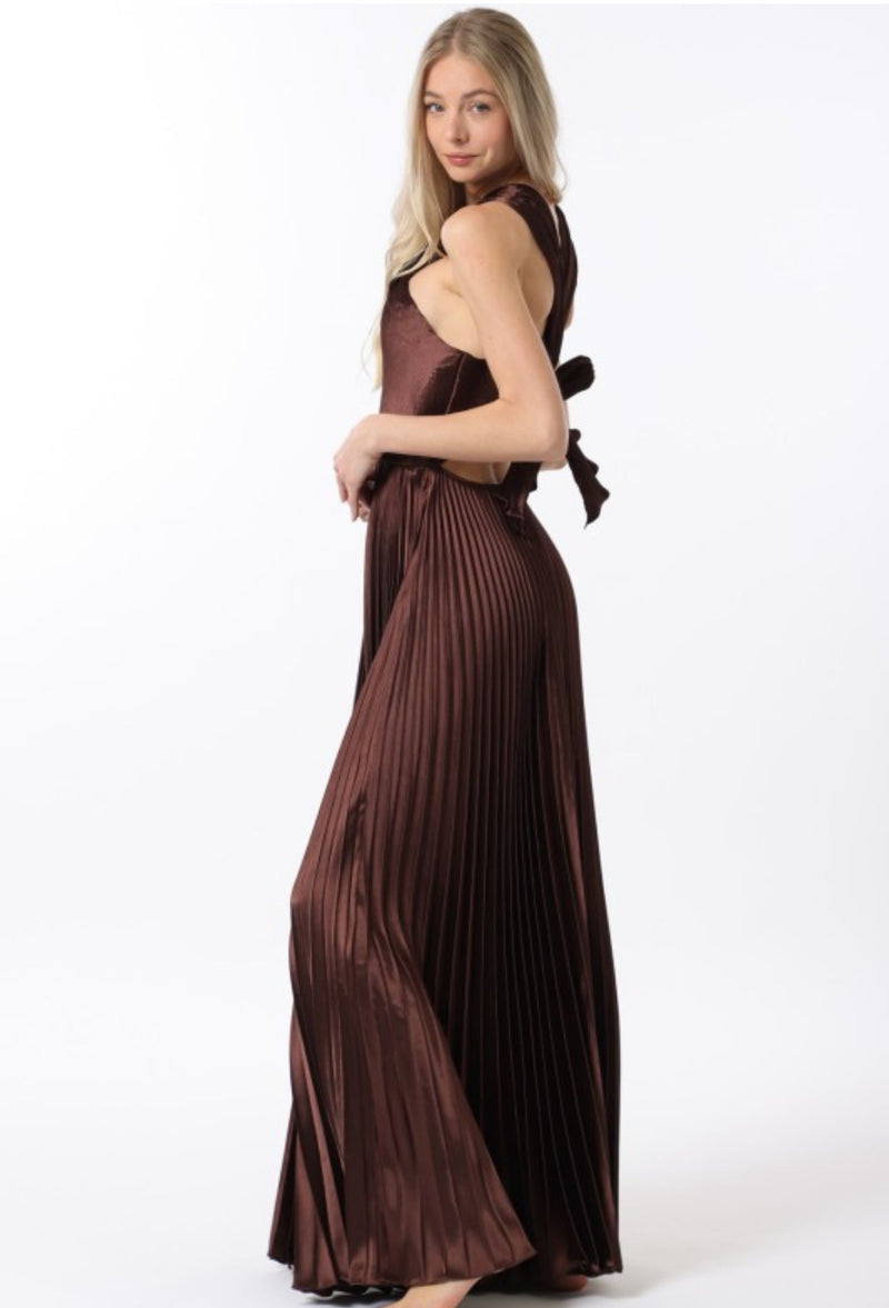 Chocolate Brown Satin Surplice Neck Tie Back Pleated Maxi Dress Chocolate Brown Satin Surplice Neck Tie Back Pleated Maxi Dress