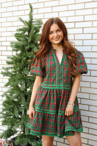 CHRISTMAS PLAID RIC-RAC TRIM MINI DRESS | Sissy Boutique