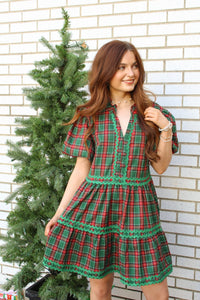 CHRISTMAS PLAID RIC-RAC TRIM MINI DRESS | Sissy Boutique
