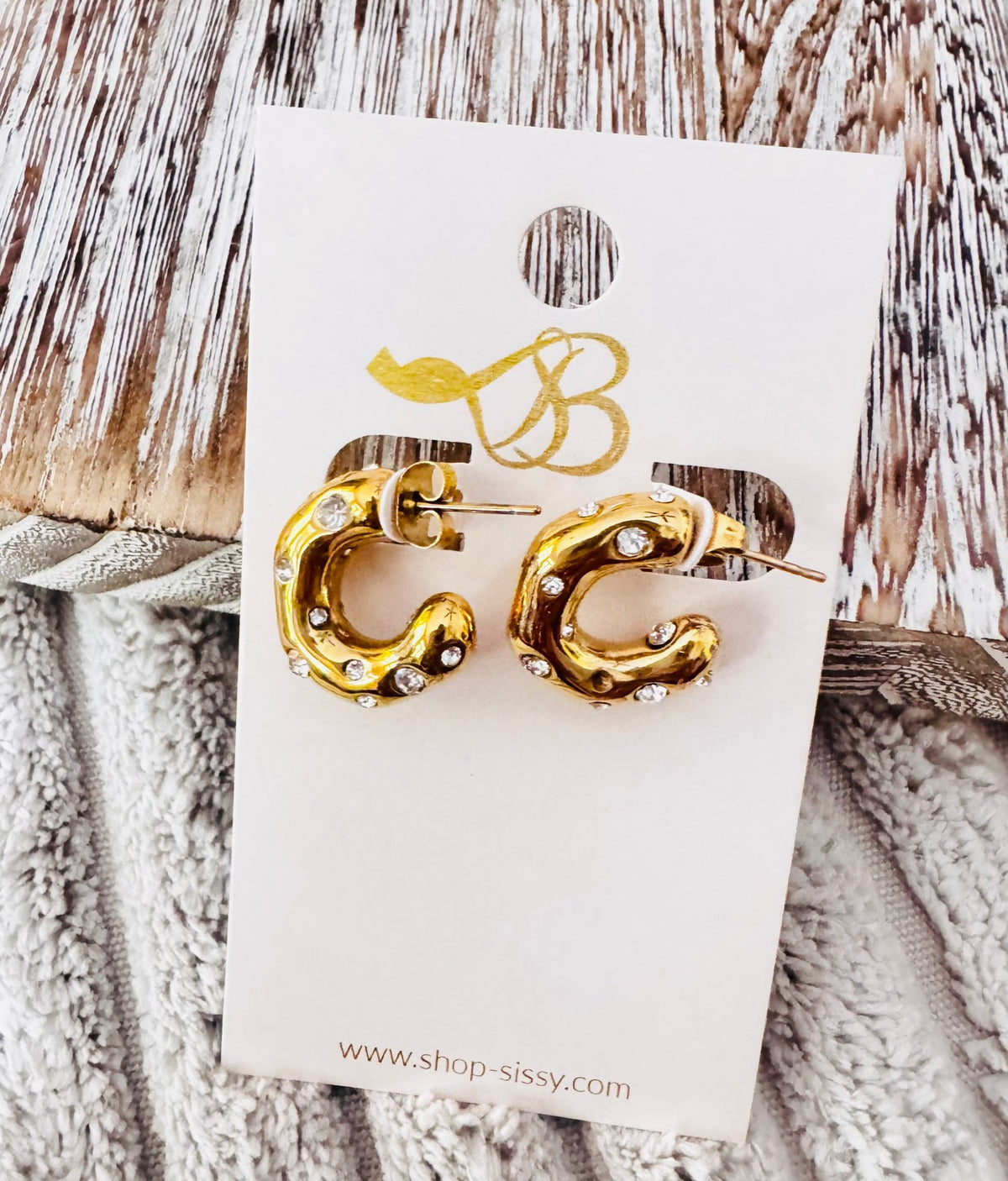 Clear Stones and Gold Thick Hoop Studs | Sissy Boutique