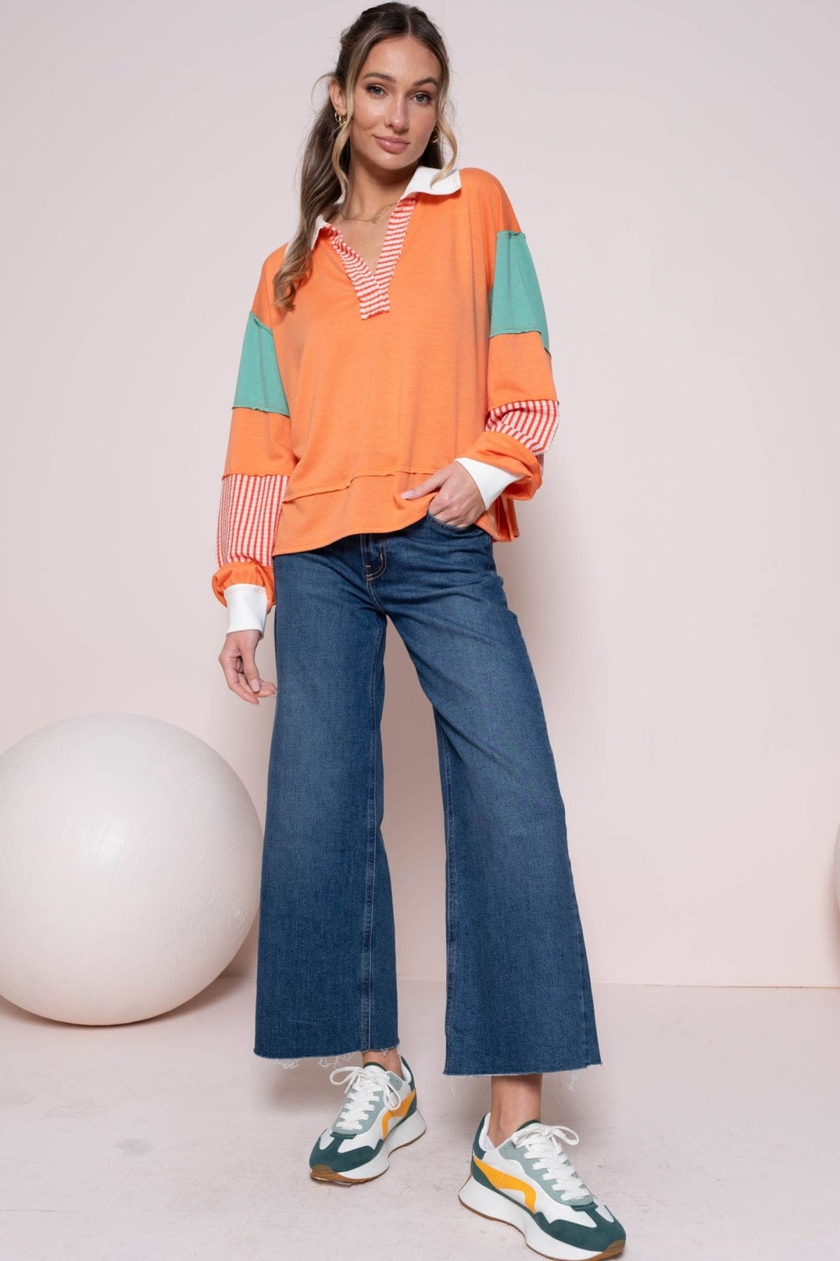 CORAL COLOR BLOCK COLLARED LONG SLEEVE TOP | Hailey&Co