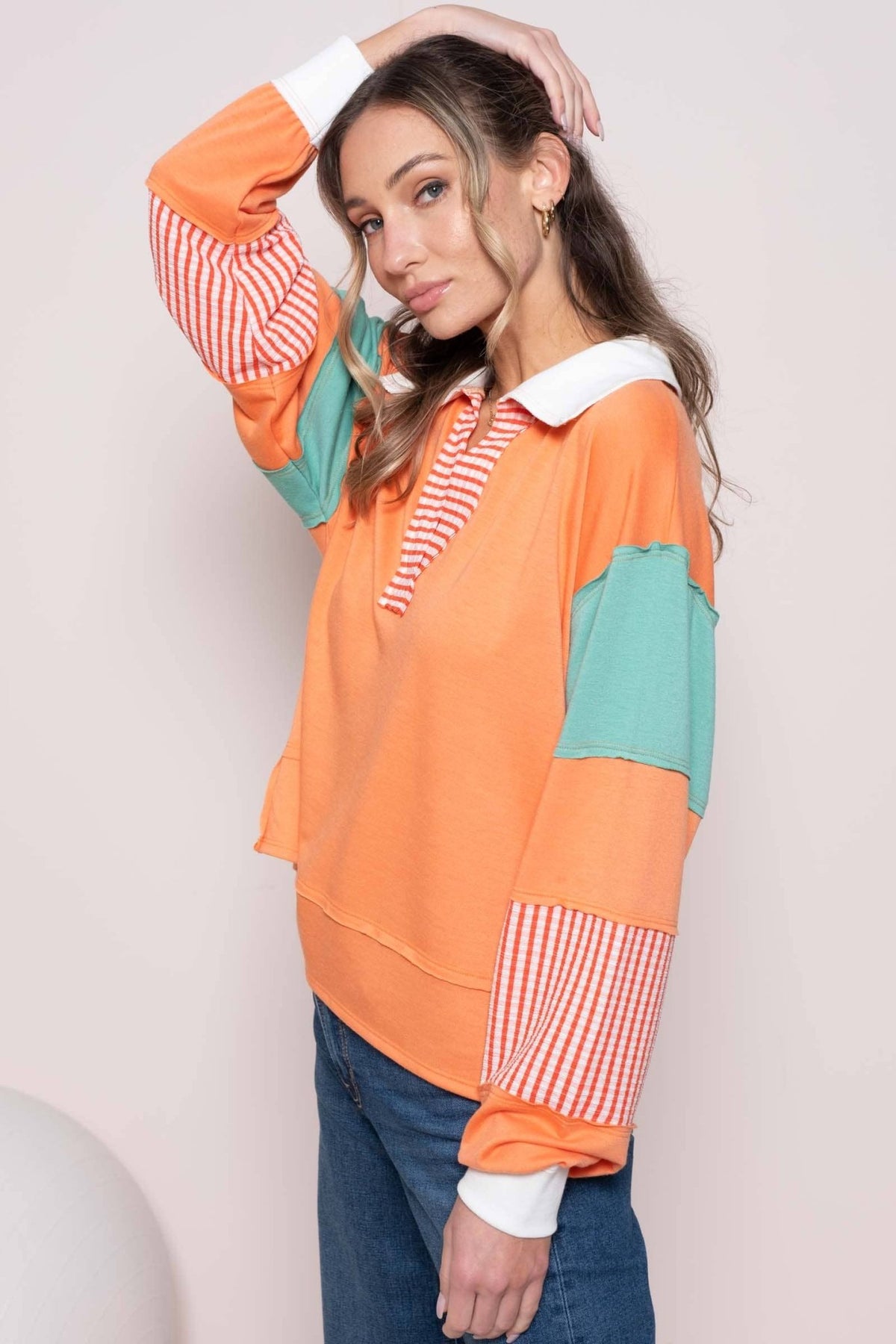 CORAL COLOR BLOCK COLLARED LONG SLEEVE TOP | Hailey&Co