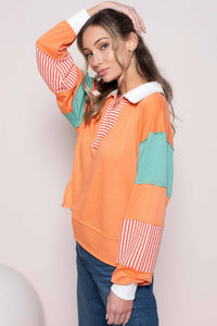 CORAL COLOR BLOCK COLLARED LONG SLEEVE TOP | Hailey&Co