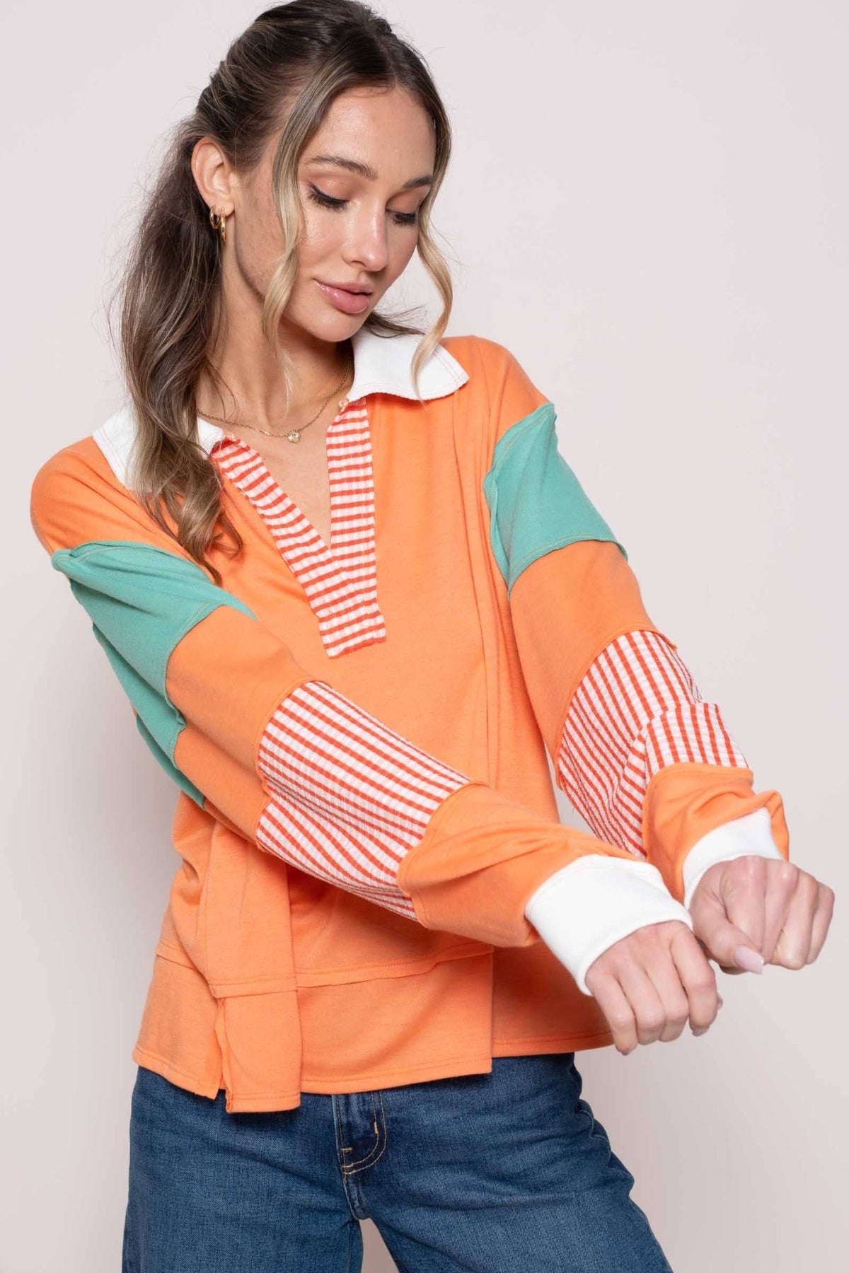 CORAL COLOR BLOCK COLLARED LONG SLEEVE TOP | Hailey&Co