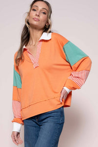 CORAL COLOR BLOCK COLLARED LONG SLEEVE TOP | Hailey&Co