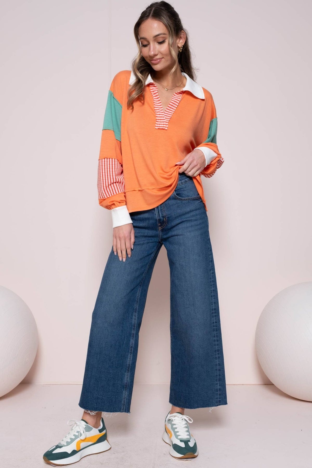 CORAL COLOR BLOCK COLLARED LONG SLEEVE TOP | Hailey&Co