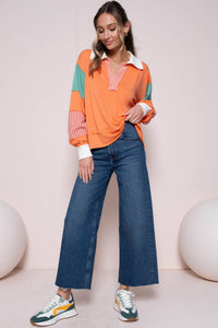 CORAL COLOR BLOCK COLLARED LONG SLEEVE TOP | Hailey&Co