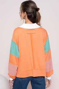 CORAL COLOR BLOCK COLLARED LONG SLEEVE TOP | Hailey&Co