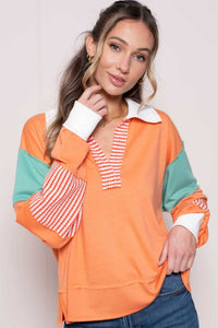 CORAL COLOR BLOCK COLLARED LONG SLEEVE TOP | Hailey&Co