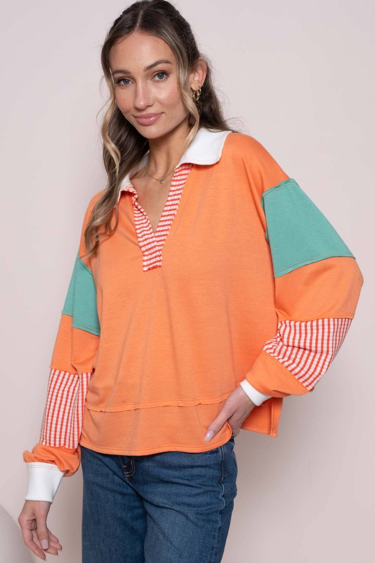 CORAL COLOR BLOCK COLLARED LONG SLEEVE TOP | Hailey&Co