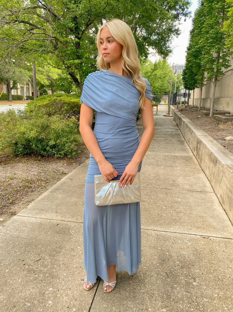 asymmetrical sheer dress Country Blue Ruched and Maxi Size:8-14 Color_blue Fit Dresses Length Stunning Birthday Outfits ideas