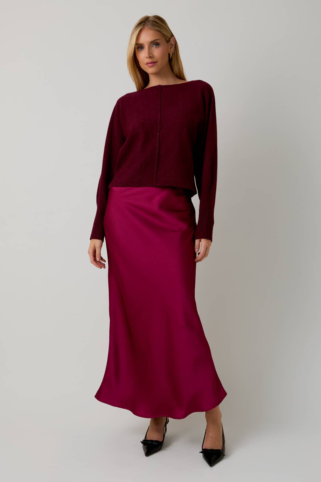 Cranberry BIAS SATIN MIDI SKIRT | Sunday Edition by LE LIS