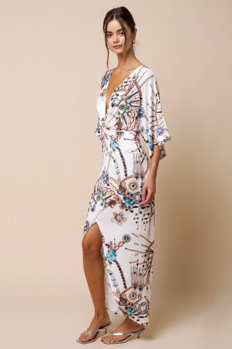 Cream and Gold Printed Front Twist Plunging Maxi Dress Medium