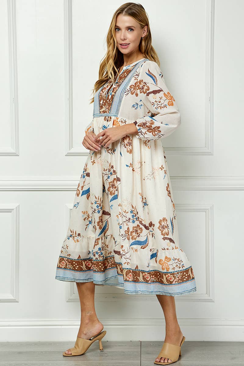 Cream Flowy boho dress with blue-brown floral print Large
