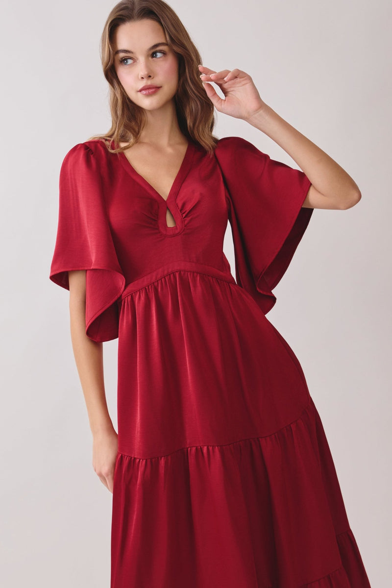 Crimson Ruched Detail Tiered Short Sleeves Maxi Dress Medium