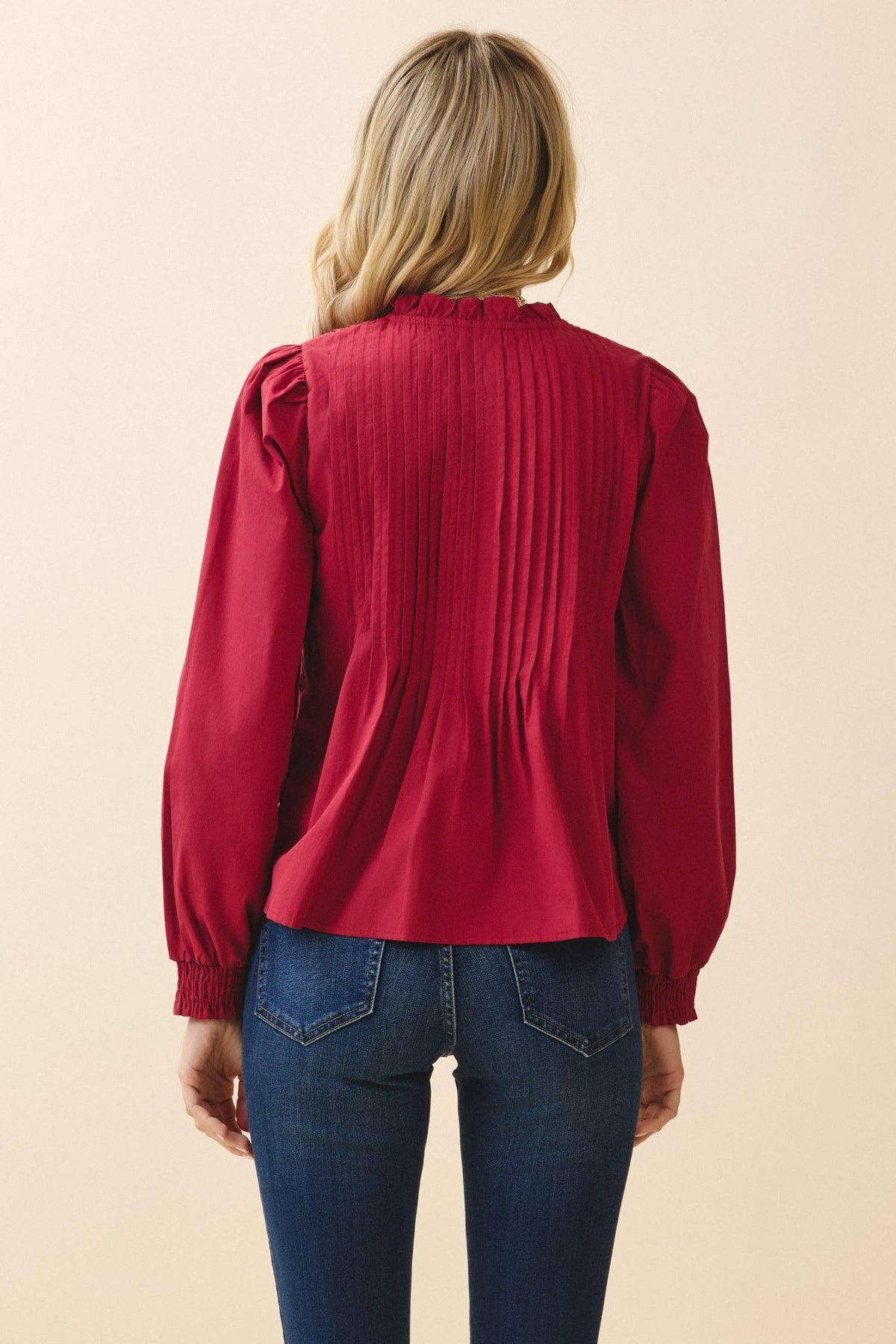 Crimson V-Neck Ruffled Trim Hidden Button Down Long Sleeve Blouse | TCEC