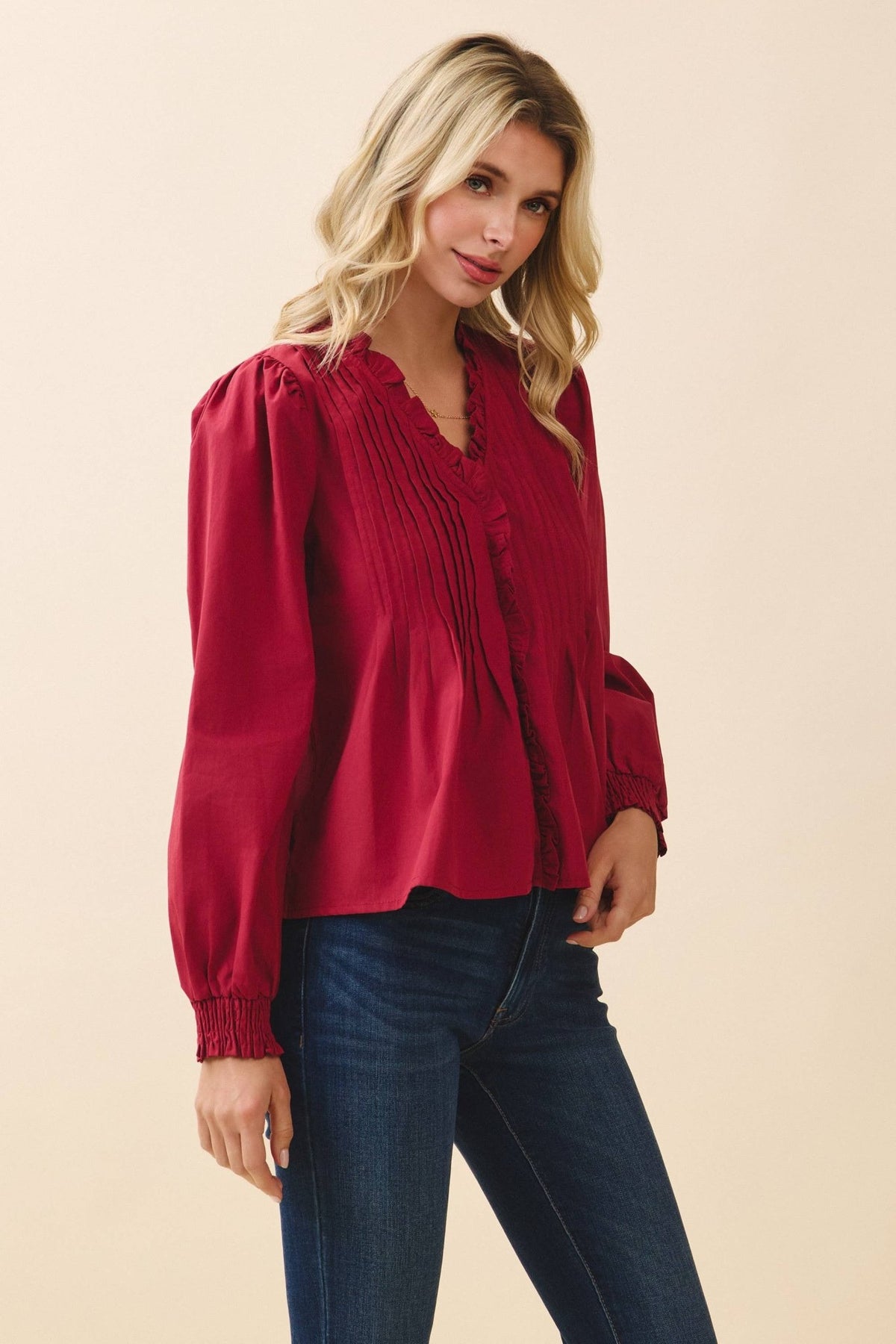 Crimson V-Neck Ruffled Trim Hidden Button Down Long Sleeve Blouse | TCEC
