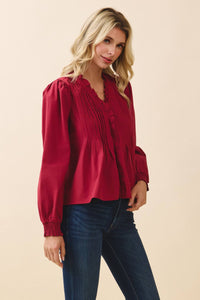 Crimson V-Neck Ruffled Trim Hidden Button Down Long Sleeve Blouse | TCEC