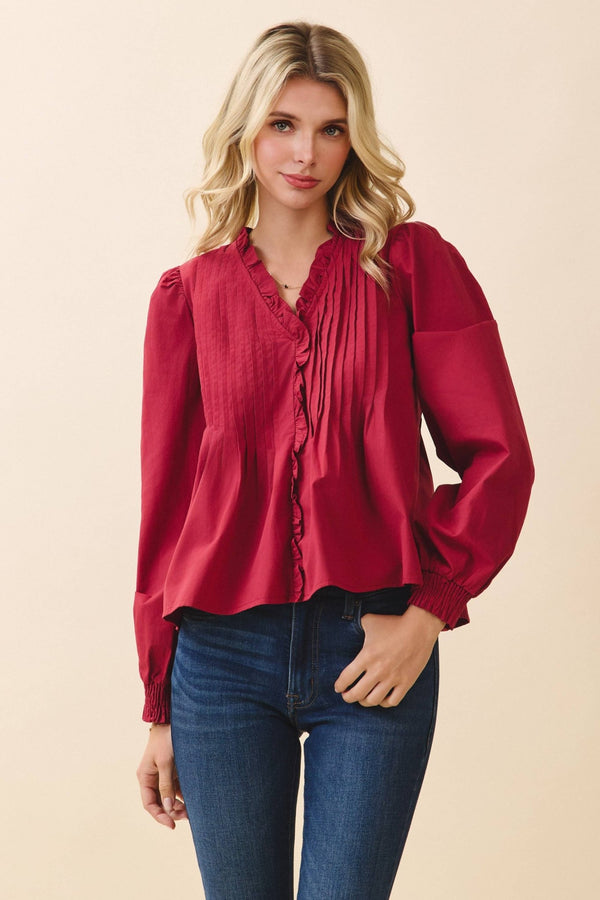 Crimson V-Neck Ruffled Trim Hidden Button Down Long Sleeve Blouse | TCEC