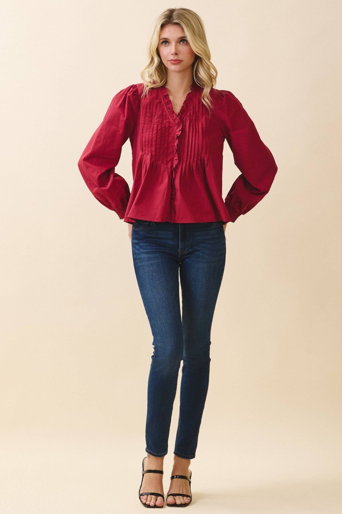 Crimson V-Neck Ruffled Trim Hidden Button Down Long Sleeve Blouse | TCEC