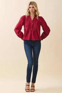 Crimson V-Neck Ruffled Trim Hidden Button Down Long Sleeve Blouse | TCEC