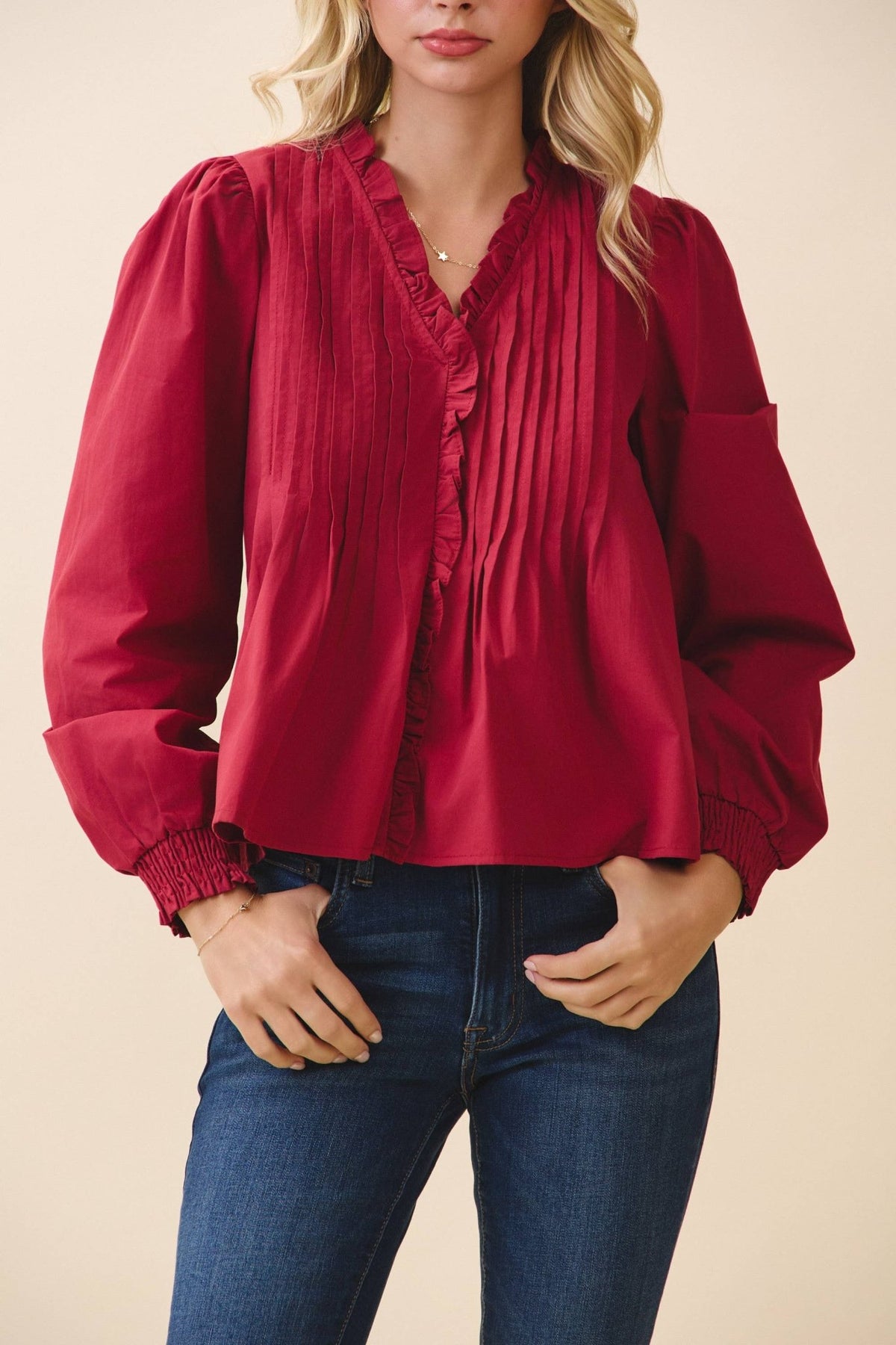 Crimson V-Neck Ruffled Trim Hidden Button Down Long Sleeve Blouse | TCEC