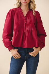 Crimson V-Neck Ruffled Trim Hidden Button Down Long Sleeve Blouse | TCEC